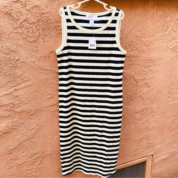MOTHERHOOD MATERNITY TANK RIB KNIT DRESS FITTED BODYCON BLACK WHITE STRIPE - Picture 5 of 11
